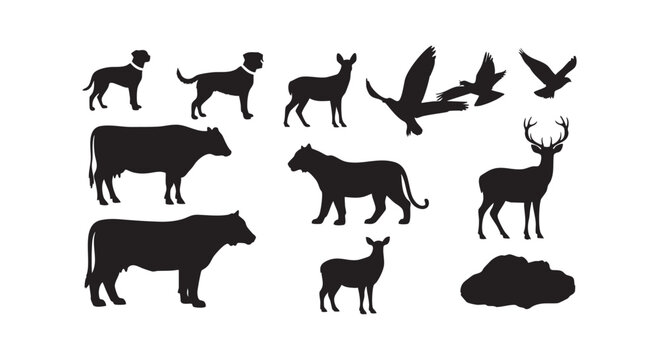 Black animal silhouettes including dogs, deer, birds, tiger, cows, and a deer head.
