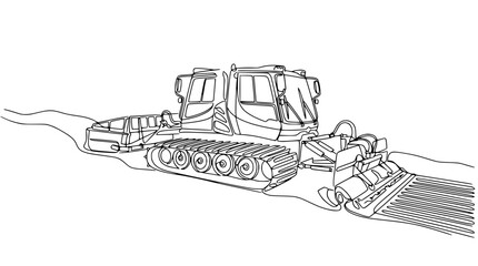 Snow groomer vehicle preparing ski slope, line art illustration