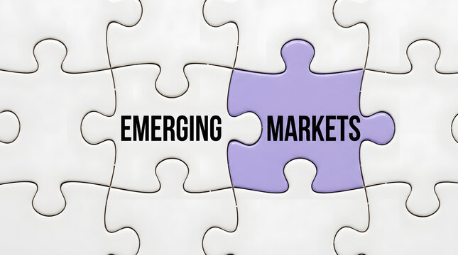 Emerging markets concept featuring interlocking puzzle pieces with bold typography and a highlighted purple piece, symbolising global business, economic growth, investment, opportunity, and market dev