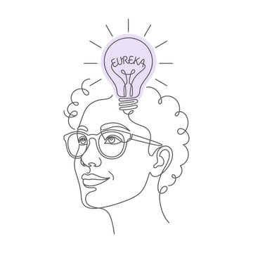 Woman with eureka lightbulb idea concept line art