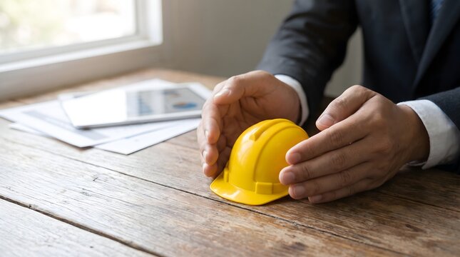 Business Professional Protecting a Yellow Hard Hat Concept of Workplace Safety