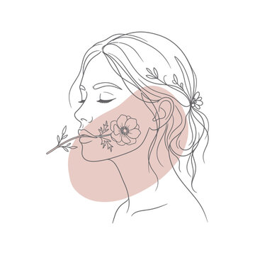 Woman with flower in mouth line art portrait.