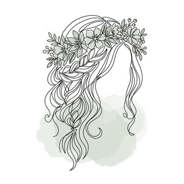 Woman with floral crown and braided hair line art.