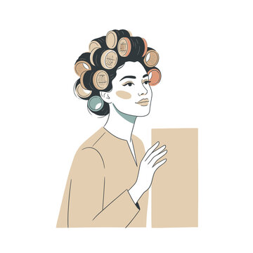 Woman with hair rollers in minimalist line style.