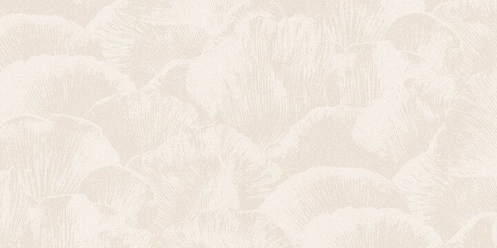 pale cream textured background with soft overlapping fan-like ginkgo leaf patterns.