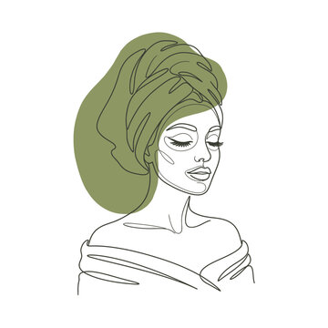 Woman with hair towel wrap after bath line art.