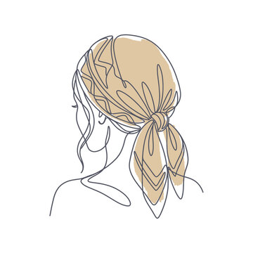 Woman with hair scarf ponytail line art illustration.