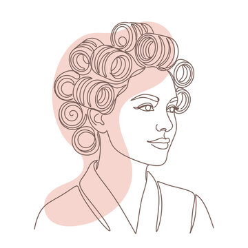 Woman with vintage hair rollers styling line art.