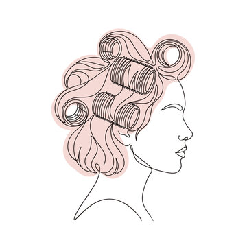 Woman with hair rollers profile line art drawing.
