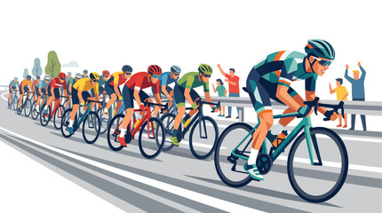 Fototapeta premium Professional cyclists competing in a road race, leaning into a sharp turn during a high-speed competition