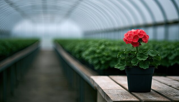 Single vibrant red flower blooms in black pot on rustic wooden bench in greenhouse