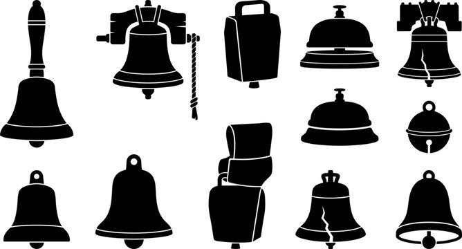 Vintage and Traditional Bell Vector Icon Set Featuring Handbell Church Bells Cowbells Service Reception Desks Liberty Bell and Jingle Elements