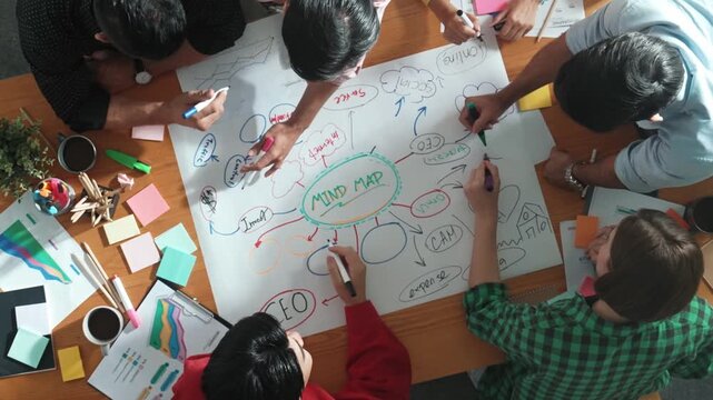 Group of business people writing and making mind map to brainstorming marketing idea at meeting. Top aerial view of investors sharing plan or strategy by using sticky notes. Time lapse. Convocation.