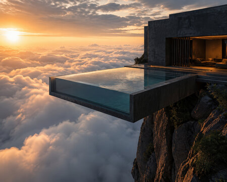 Infinity pool cantilever cliff sunset cloud architecture luxury resort surreal cantilevered infinity pool extending over cliff above cloud golden