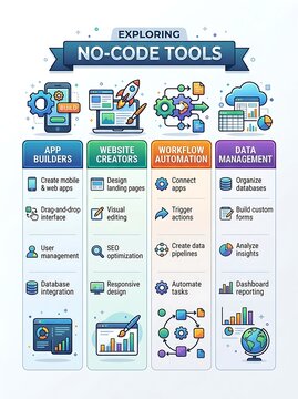 Infographic exploring no-code tools for app and website development
