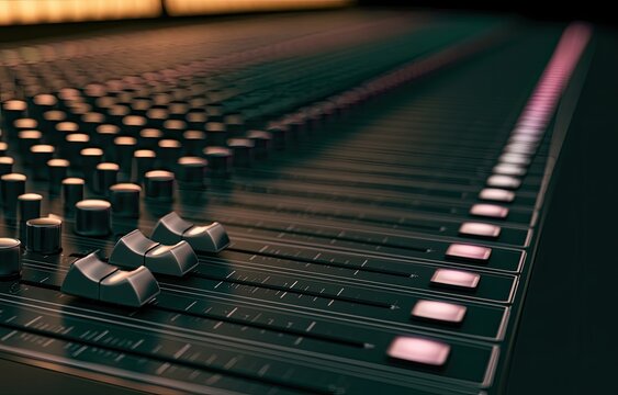 Rows of faders and knobs on a professional audio mixing console