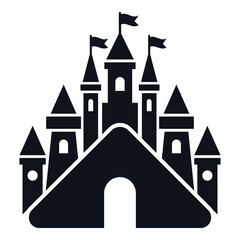 Black silhouette of a medieval castle with towers and flags on white background icon © Md
