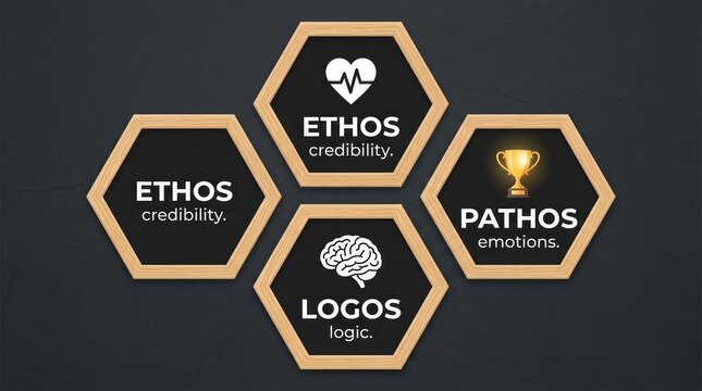 Hexagonal wooden frames displaying rhetorical concepts ethos logos and pathos with icons on dark background
