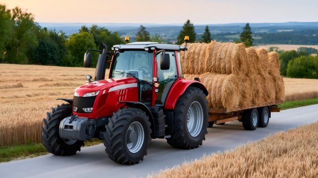 Red tractor pulling hay bales through wheat field