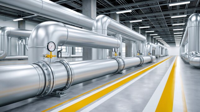 Industrial pipelines running through factory interior with gauges