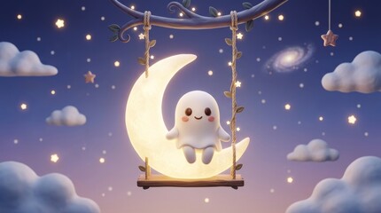Fototapeta premium Cute 3D Ghost Swinging on a Crescent Moon
