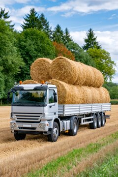 Truck transporting hay bales in a rural field