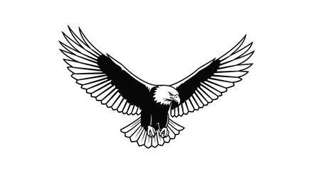 Fototapeta premium Majestic bald eagle in flight with wings wide open and talons prepared for landing or hunting in black and white.