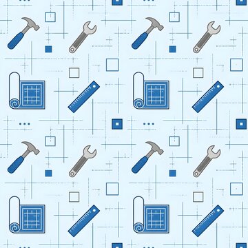 Blueprint seamless pattern with construction tools and engineering elements