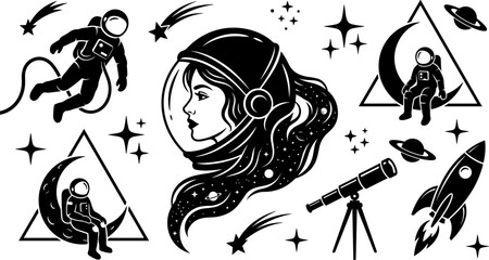 Mystical Celestial Space Vector Icon Set Featuring Female Astronaut Portrait Floating Cosmonaut Rocket Telescope Moon and Geometric Triangle Badges © Mdsumon