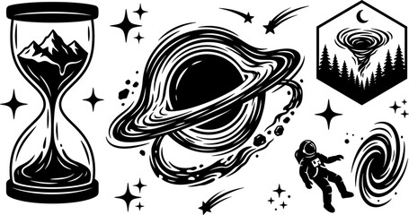 Mystical Celestial Space Vector Icon Set Featuring Hourglass with Mountain Saturn Planet Floating Astronaut Black Hole and Tornado Landscape Badges © Mdsumon