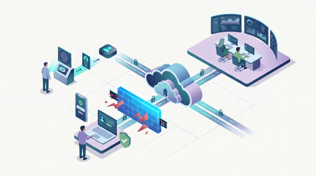 Isometric cybersecurity operations center vector illustration featuring biometric authentication, firewall protection, data encryption, and soc monitoring team.