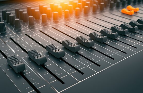 Close-up on audio mixer sliders and knobs with warm lighting