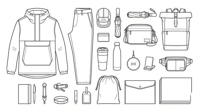 Travel and Outdoor Gear Line Art Collection - EDC Essentials Vector Illustration Set