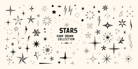 hand drawn stars collection in black and white line art style star shapes astronomy cosmic celestial space sketchy vector illustration pattern design graphic © PabanBiswas