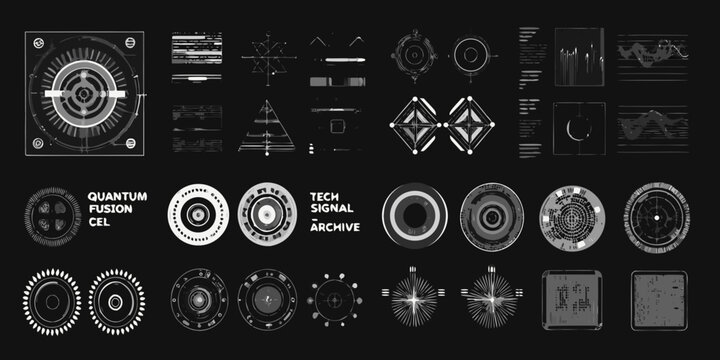 futuristic sci fi interface elements vector illustration on black background sci fi graphics technology circle diamond grid signal archive quantum fusion cel icon symbol