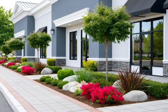Commercial building facade with modern landscaping design