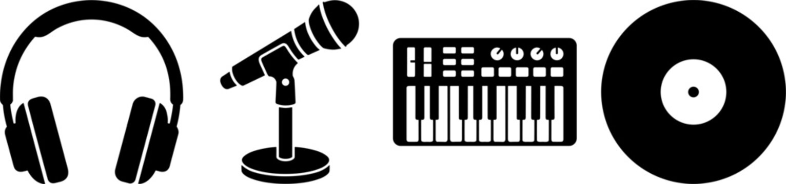 Music and Audio Production Icon Set Featuring Headphones Microphone MIDI Keyboard and Vinyl Record Symbols for Podcasts DJs and Studio Branding Designs