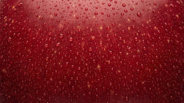 Close-up of vibrant red apple skin with glistening water droplets.