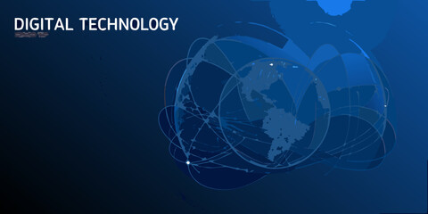digital technology text on abstract globe vector illustration blue sphere network connections futuristic data internet communication innovation science concept modern graphic design artwork © PabanBiswas
