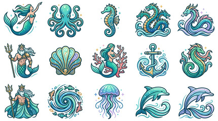 Nautical sea creatures and mythical monster icons © Nenes