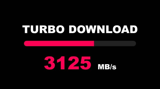 Turbo download animation, colorful progress bar with increasing speed, 1563 to 5000 MB/s, symbolizing fast data transfer, technology and internet concept, seamless loop
