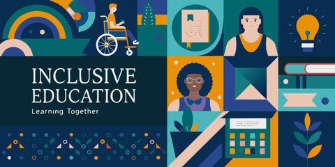 Obraz premium inclusive education vector illustration with diverse students and learning tools wheelchair book calculator lightbulb plant rainbow school classroom teaching knowledge collaboration together modern