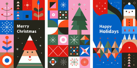 modern geometric christmas posters with abstract shapes and festive colors santa claus snowman tree stars holiday greetings vector illustration colorful retro design seasonal © PabanBiswas