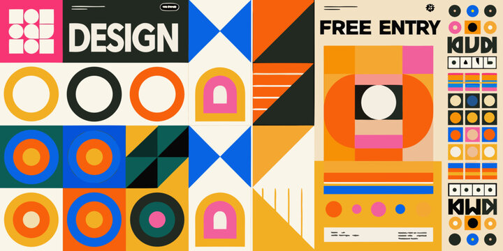 modern abstract geometric posters with overlapping shapes and bold colors design pattern triangle circle square rectangle ellipse artwork graphic visual composition contemporary stylish