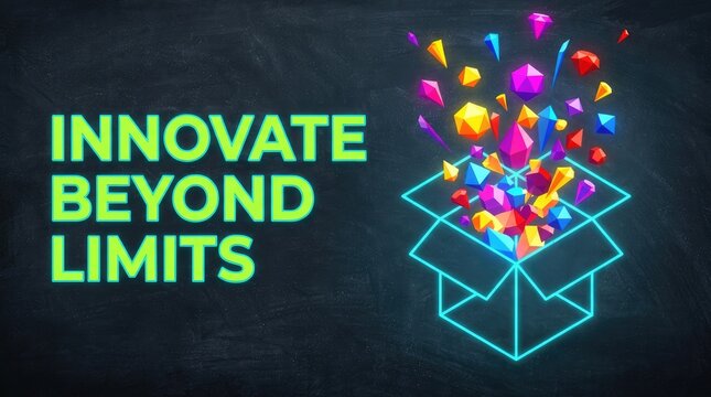 Innovate beyond limits neon box concept showcasing bright colorful geometric floating shapes on dark background texture
