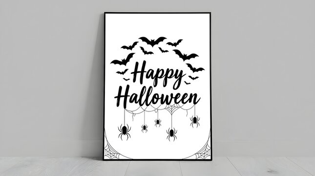 Happy halloween minimalist poster design with bats and spiders hanging from webs isolated on white background