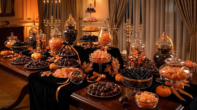 Abundant dessert display table with assorted sweets and decorations
