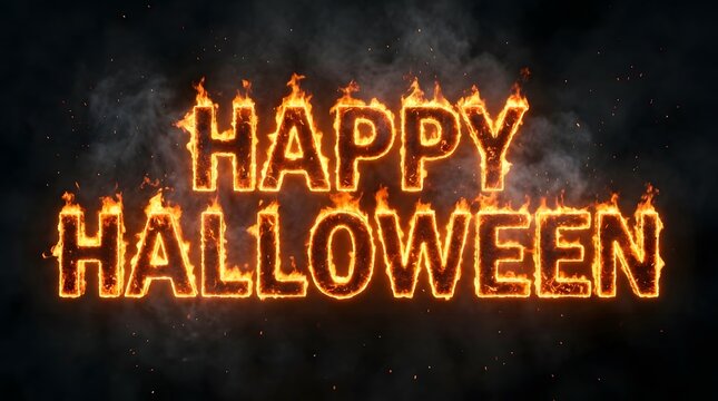 Happy halloween text made of burning fire flames with smoke and sparks on a black background