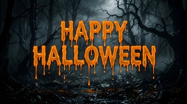 Happy halloween text with dripping orange slime effect in a dark, eerie, and misty forest setting