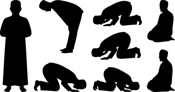 Islamic Salah Prayer Steps Silhouette Vector Icon Set Featuring Muslim Man Standing Bowing Prostrating and Sitting Sequence Without Rugs